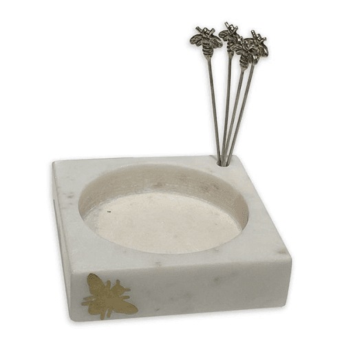 Image showing the Bee Set of 4 Olive Picks and Holder, L12.5x W12.5 x H13cm, White product.