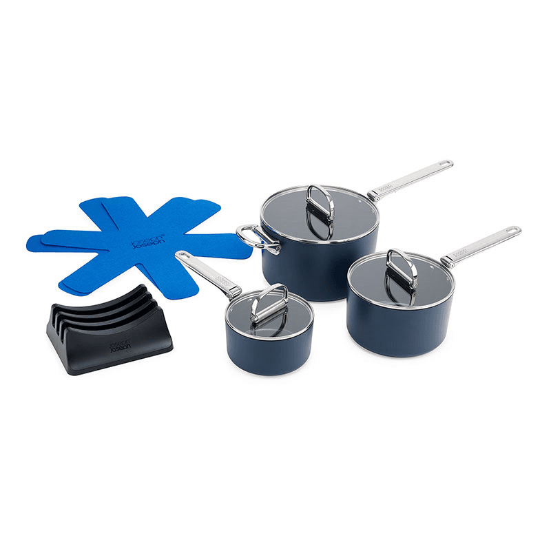 Space Folding Ceramic Non-Stick 3 Piece Saucepan Set, Midnight Blue