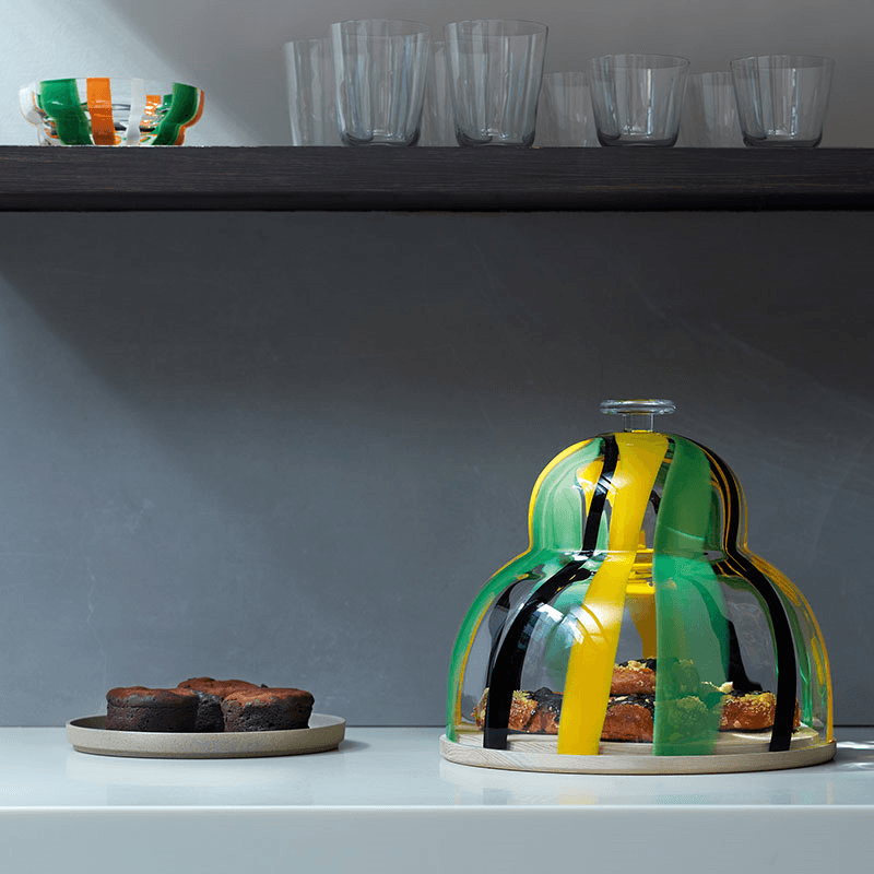 Folk Cake Dome With Ash Base, D30 x H27.5cm, Black/Green/Yellow