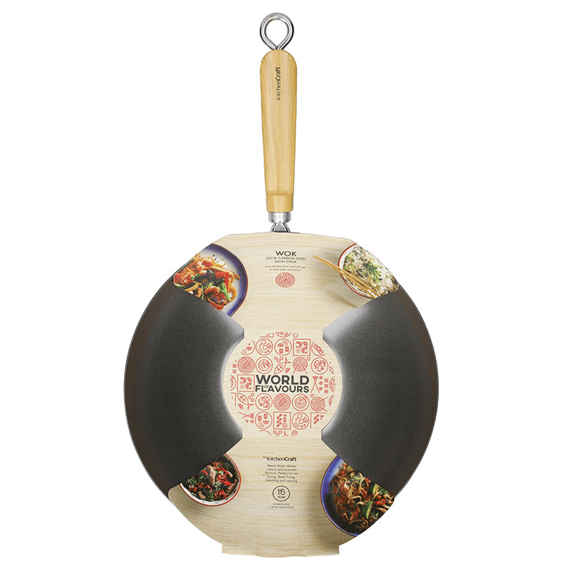 World of Flavours - Oriental Non-stick wok, Dia30cm, non-stick carbon steel with wooden handle
