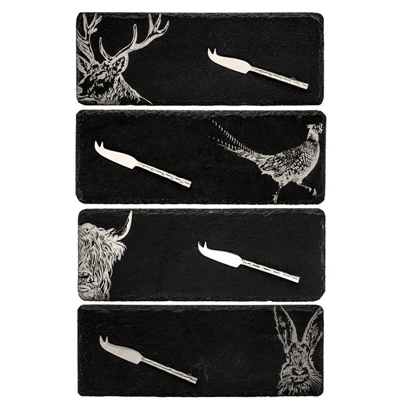 Country Animals Set of 4 Mini Slate Cheese Boards & Knives, Black