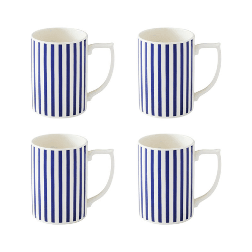 Image showing the Stecatto Set of 4 Mugs, 340ml, White and Blue Narrow Stripe product.
