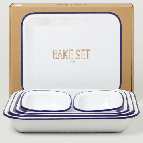 Image showing the Enamel 5 Piece Bake Set, White with Blue Rim product.