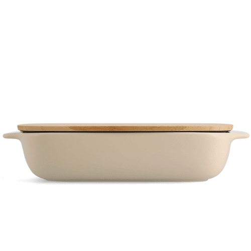 Image showing the Stoneware Dish with Bamboo Lid, 32cm, Almond Cream product.
