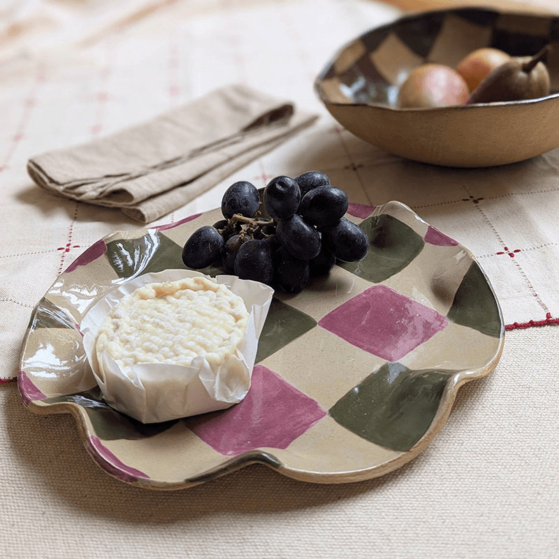 Rosie Gore Wavy Check Platter, D28cm, Smokey Olive & Burgundy