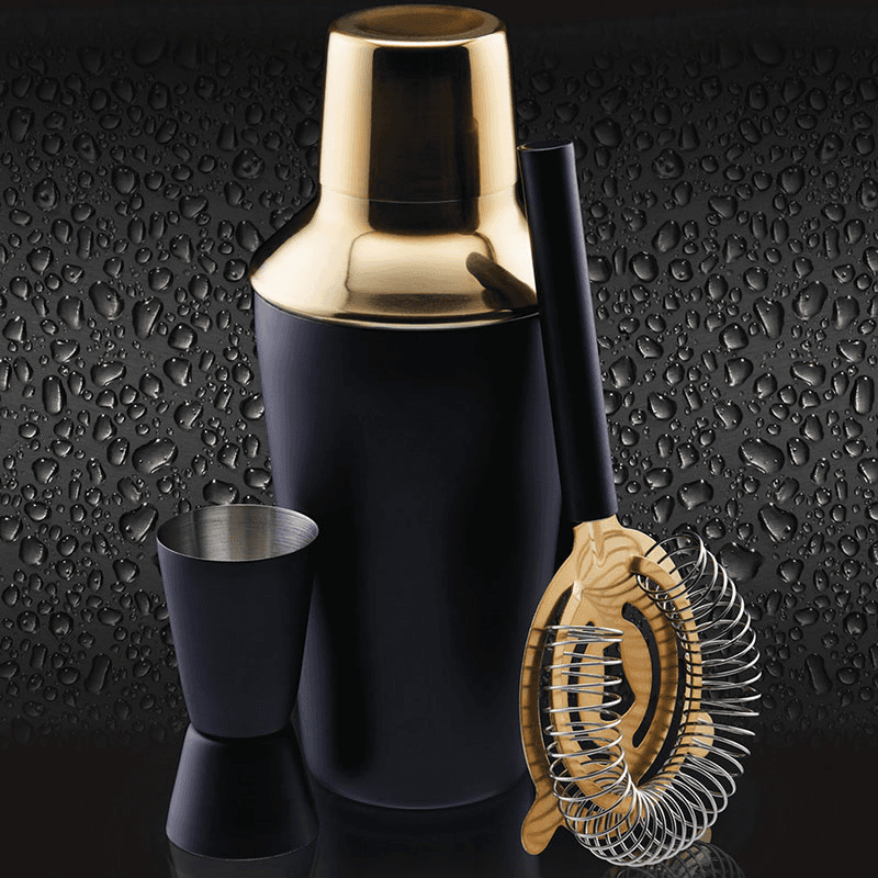 Barcraft 3 Piece Cocktail Set, Black/Brass