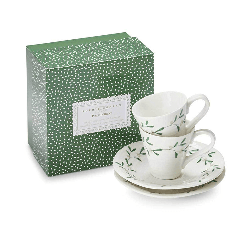 Mistletoe Pair of espresso cup & saucers, 80ml, White/ Green