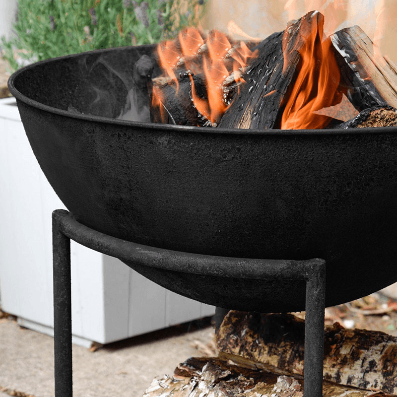Outdoor cast iron firebowl on stand, W57cm, Black