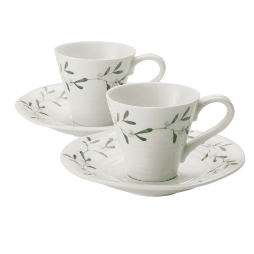 Image showing the Mistletoe Pair of espresso cup & saucers, 80ml, White/ Green product.
