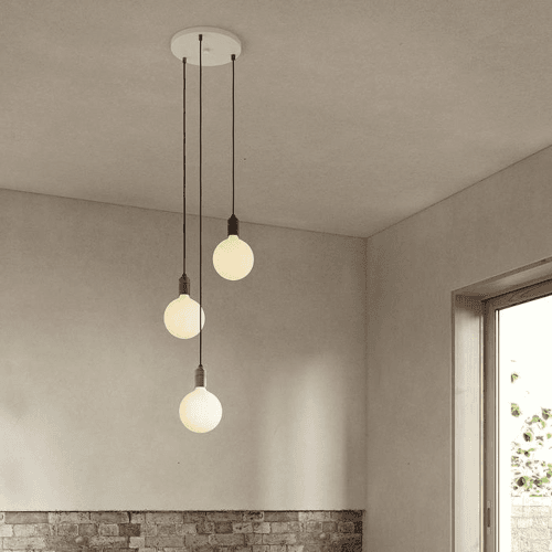 Image showing the Canopy & Sphere Bulb Triple ceiling plate & pendant set, H400 x W25cm, White & Steel product.
