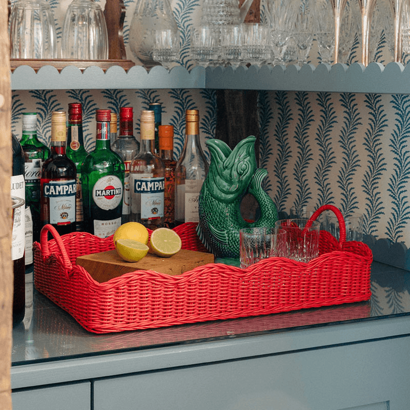 Rattan Scalloped Tray, Red