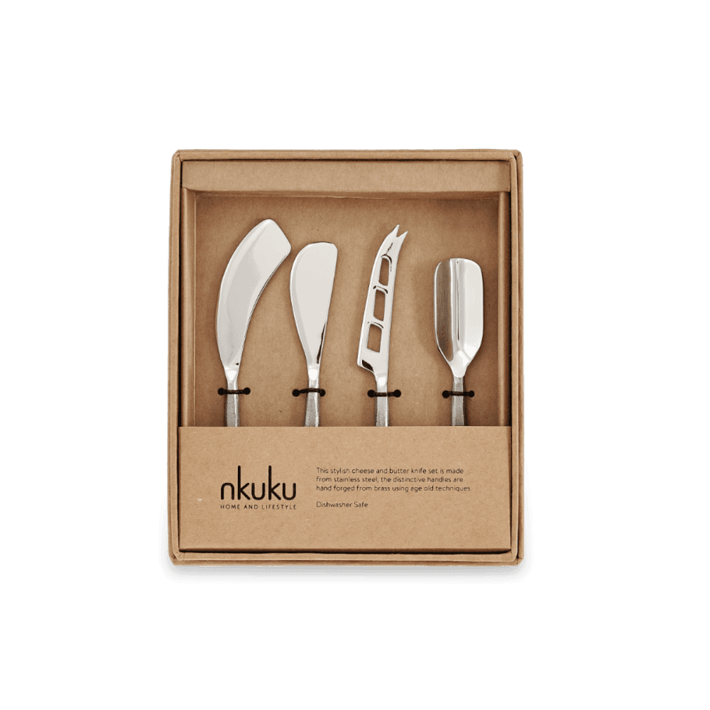 Darsa Set of 4 cheese knives, 14cm, Brushed Silver, Gift Boxed