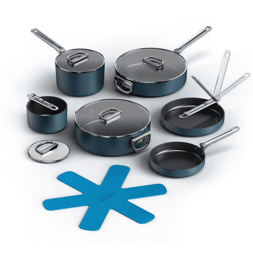 Image showing the Space Folding Handle Ceramic Non-Stick 6 Piece Cookware Set, Midnight Blue product.