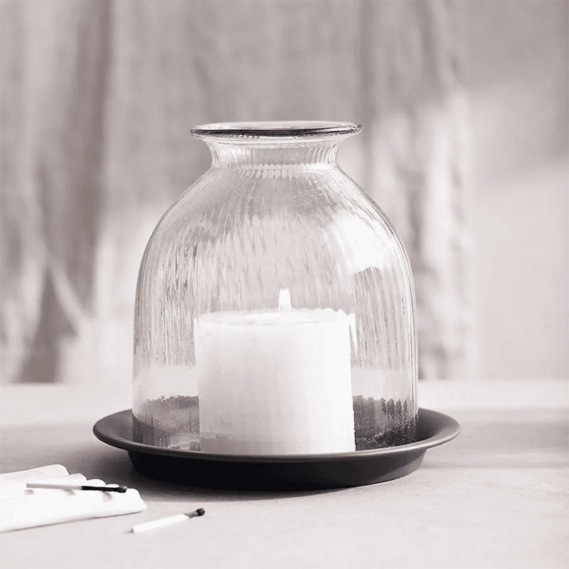 Ribbed Dome Glass Candle Holder with Tray, H17.6cm, Clear