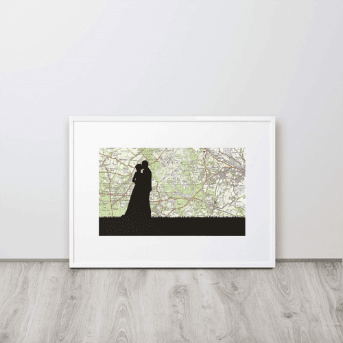 Image showing the Personalised Map Print with Wedding Silhouette Voucher, 40 x 30cm, White Frame product.