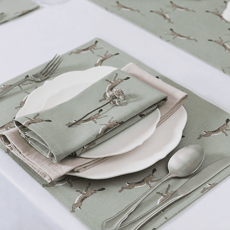 Boxing Hares Fabric Placemat, Duck Egg Grey