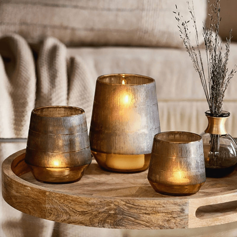 Dera Etched Glass Tealight, H16cm, Antique Gold