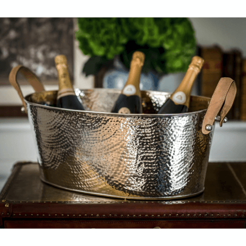 Image showing the Hammered Champagne bath with leather handle, 21 x 53 x 35cm, Nickel Plate And Leather product.