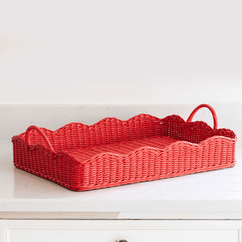 Rattan Scalloped Tray, Red