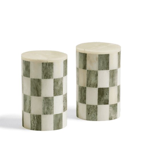 Image showing the Vaserley Pair of Salt and Pepper Shakers, Chequered Green & Bone product.