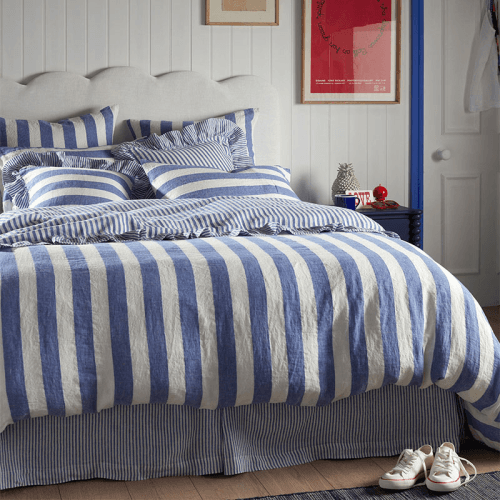 Image showing the Cora Stripe Linen Wide Stripe Frill Edge Cushion Cover, 50 x 50cm, Cobalt product.