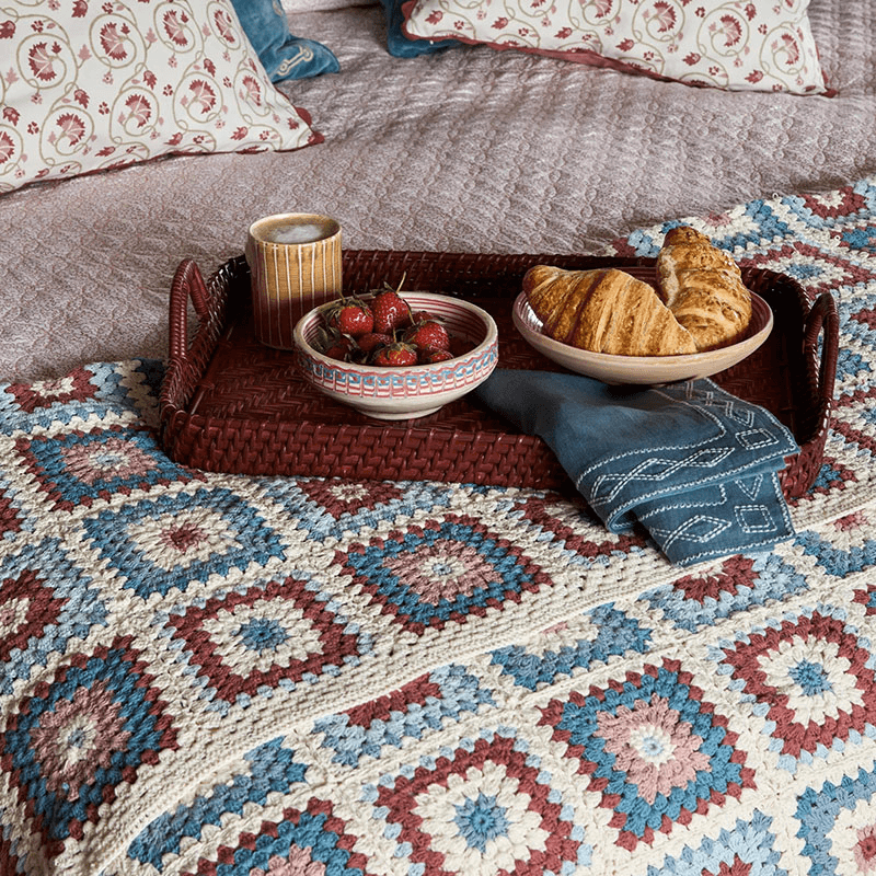 Crochet Throw, 240 x 150cm, Blue & Pink
