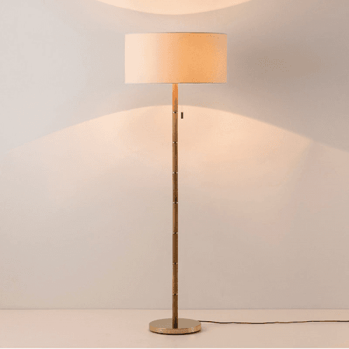 Image showing the Disk Floor Lamp, H158cm, Brass & Wood product.