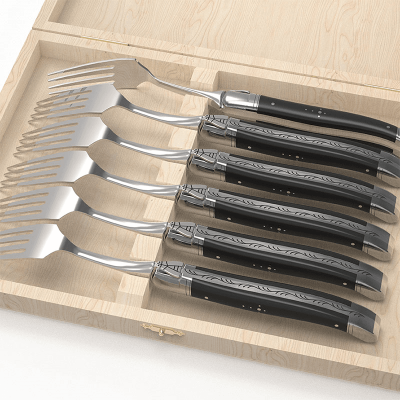 Set of 6 Laguiole Steak Forks, Ebony Handles