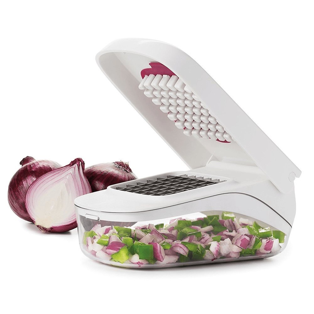 Vegetable chopper with easy pour opening