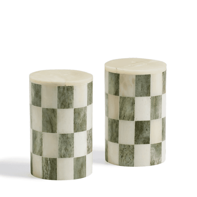 Vaserley Pair of Salt and Pepper Shakers, Chequered Green & Bone