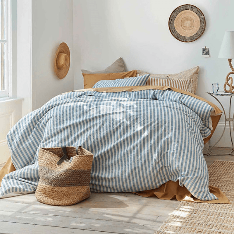 Seersucker Stripe Cotton Duvet Cover, Super King, Warm Blue