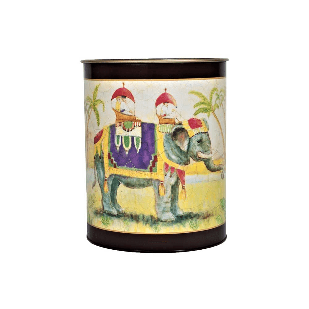 Oval Waste Paper Bin, Indian Elephant on Red, Green/Red/Black