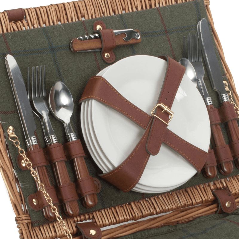 Tweed 4 Person Classic Picnic Hamper, Green