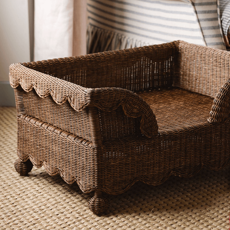 Ziggy Scalloped Rattan Dog Bed, Teak