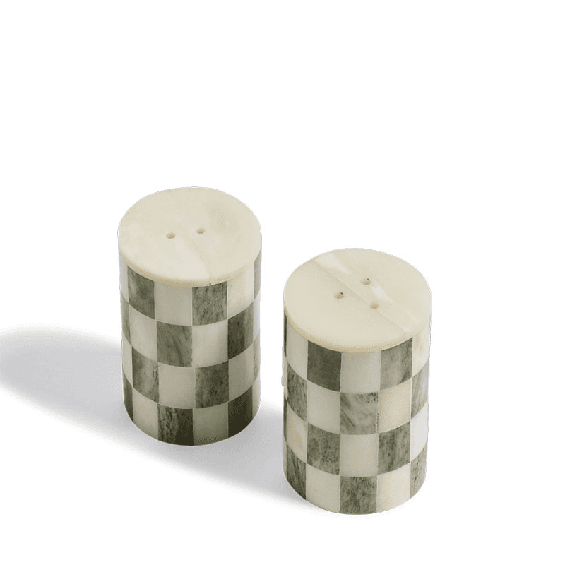 Vaserley Pair of Salt and Pepper Shakers, Chequered Green & Bone