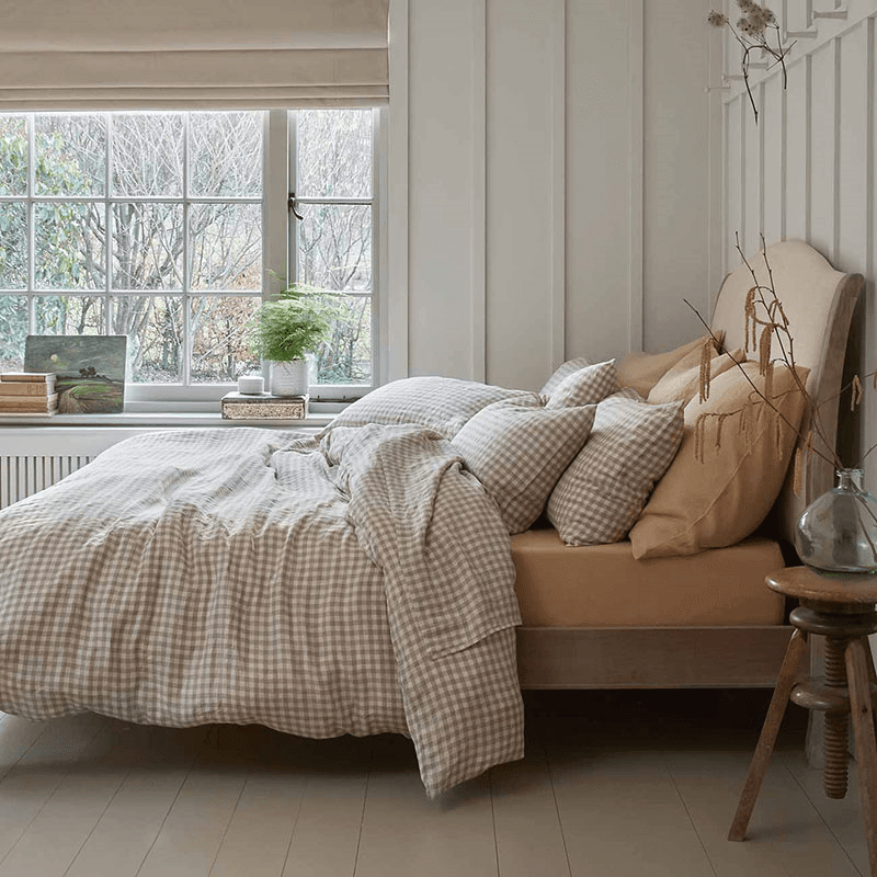 Gingham Linen Duvet Cover, King, Mushroom