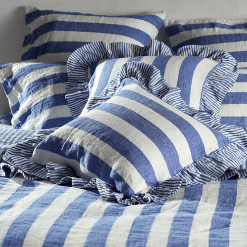 Image showing the Cora Stripe Linen Wide Stripe Frill Edge Cushion Cover, 50 x 50cm, Cobalt product.