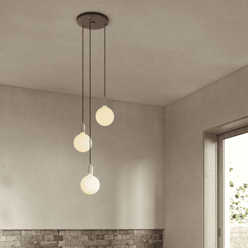 Image showing the Canopy & Sphere Bulb Triple ceiling plate & pendant set, H400 x W25cm, Black & Brass product.