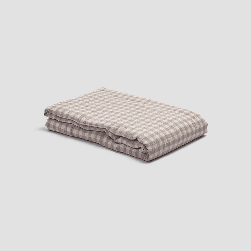 Gingham Linen Flat Sheet, Double, Mushroom