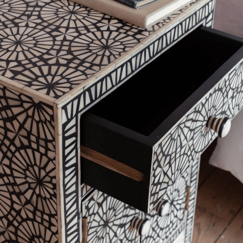 Kaleidoscope Bone Inlay Bedside Table, Black