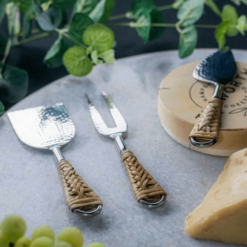 Rattan Cheese Utensil Set, Silver