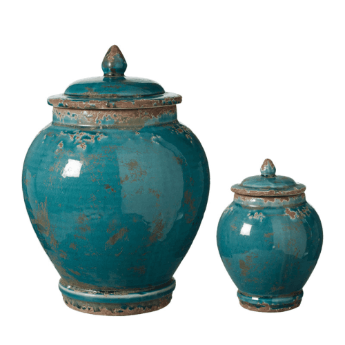 Image showing the Zion Lidded Set of 2 Urns, large H32 x D23cm - small H19 x D13cm, Aruba Blue product.
