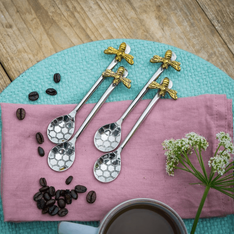 Bee Honeycomb Set of 4 Coffee Spoons, L13cm, Silver