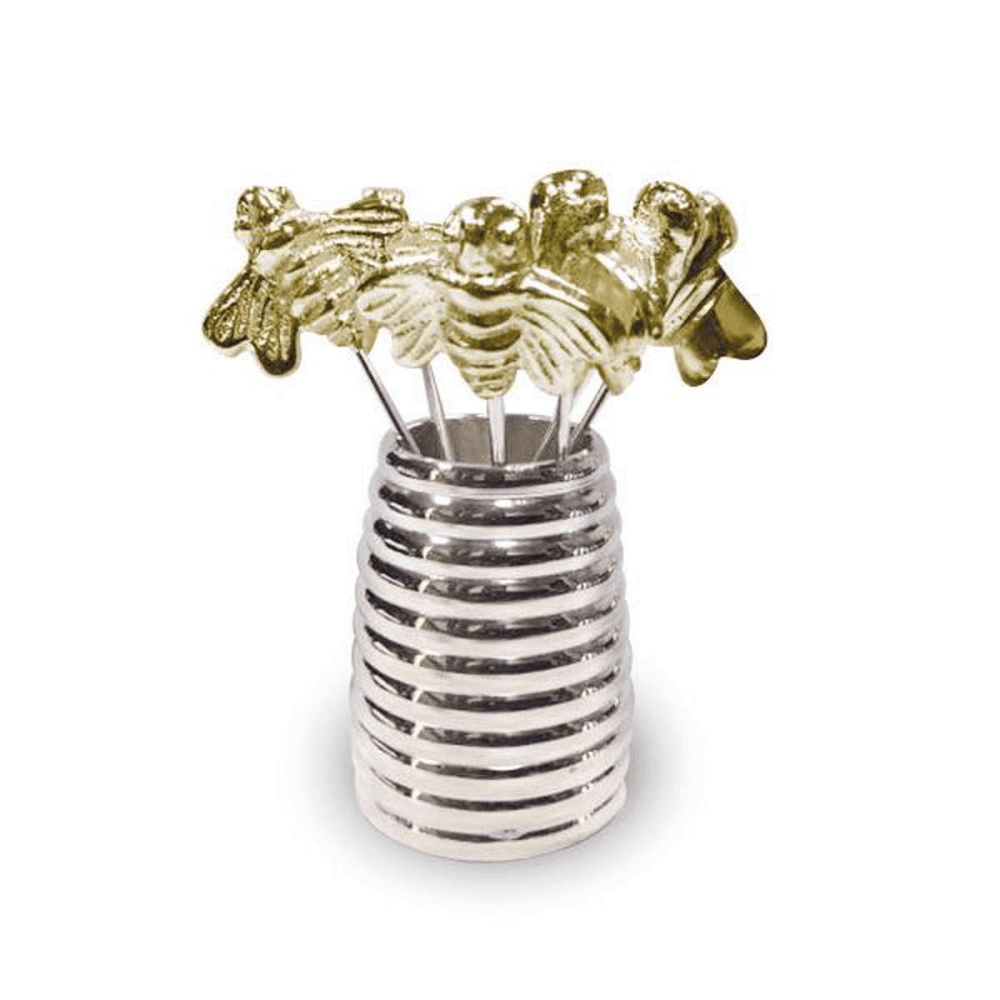 Bee Set of 6 large olive picks and holder, H5cm, Silver
