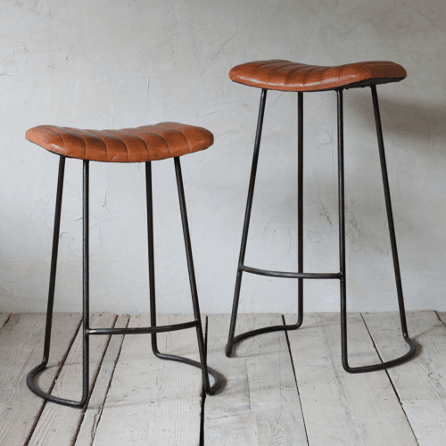 Image showing the Narwana Ribbed Leather Stool, H75cm, Aged Leather and Iron product.