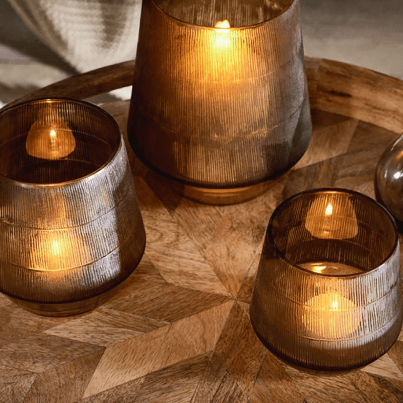 Dera Etched Glass Tealight, H9.5cm, Antique Gold