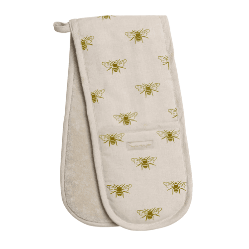 Image showing the Bees Linen Double Oven Glove, Natural, Yellow product.