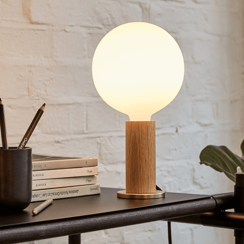 Image showing the Knuckle Pendant Table lamp with sphere bulb, H30 x D15cm, Oak & Brass product.