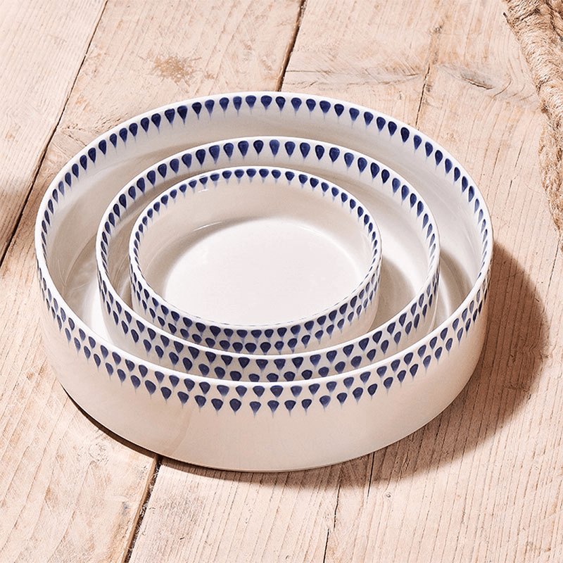 Indigo Drop Ceramic Pet Bowl, D12cm, Cream