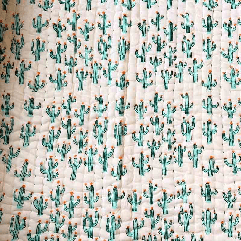Cacti Blockprint Reversible Padded Quilt, 110 x 152cm, White/Jade Green
